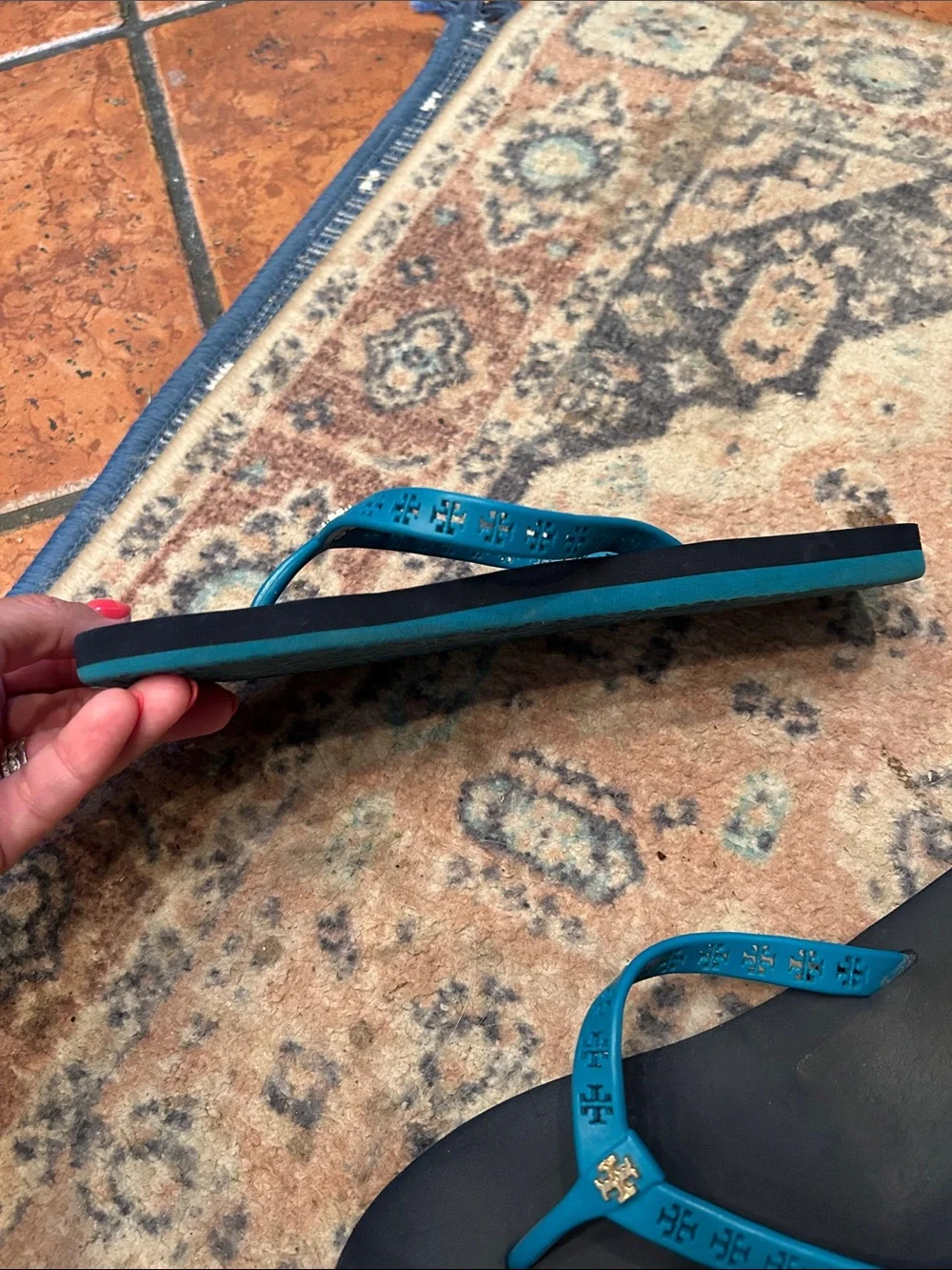 Tory Burch Teal Logo Thong Sandals